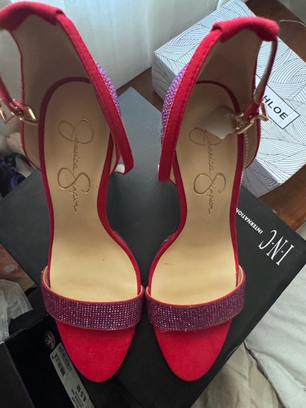 Jessica Simpson Red Suede Crystal-Trim Ankle-Strap Heels